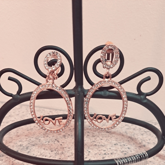 Women's Beautiful "LOVE" Insignia in White & Pink Gold Tone Rhinestone Earrings - Picture 9 of 10